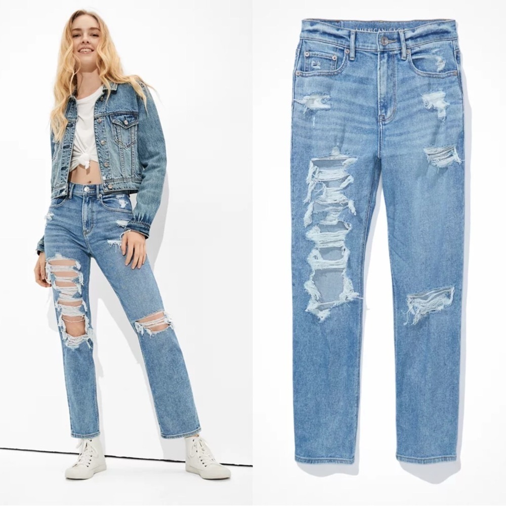 American Eagle Highest Rise 90s Boyfriend Stretch Distressed Mid Wash Blue Denim